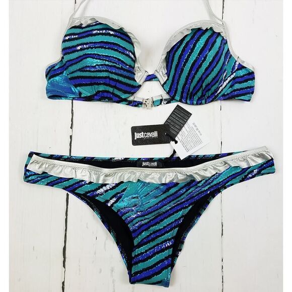 New Just Cavalli Women XS Bikini Two Piece Swimsuit Blue Silver Striped Push-Up - Picture 15 of 15